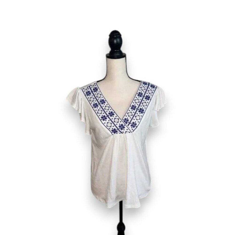 Anneliese White and Blue Ruffled Flutter Sleeve Blouse